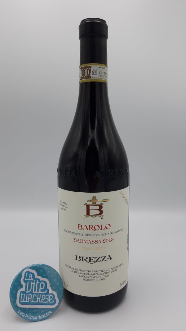 Red wine Piedmont traditional artisan Barolo cru Sarmassa vineyard Bricco made from only nebbiolo grapes perfect with creamed meats and risotto