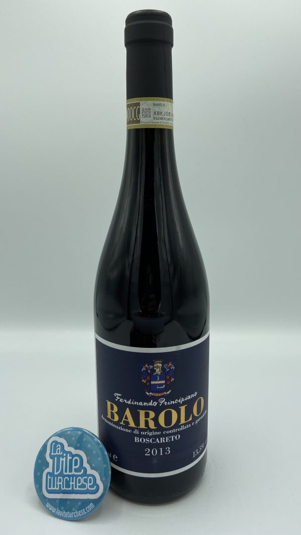 red wine Barolo DOCG Langhe Piedmont Cru Boscareto traditional handicraft foot pressing structured obtained with only Nebbiolo grapes perfect with red meat, truffles and aged cheeses
