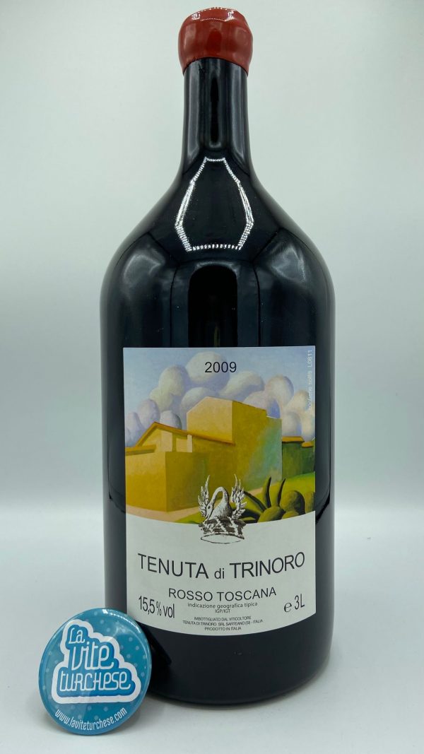 Tuscan red wine Sarteano Val d'Orcia Bordeaux blend low yields modern niche boutique 3 liters austere deep creamy obtained with Cabernet Franc grapes, sauuvignon, merlot, petit verdot perfect with red meat and aged cheeses