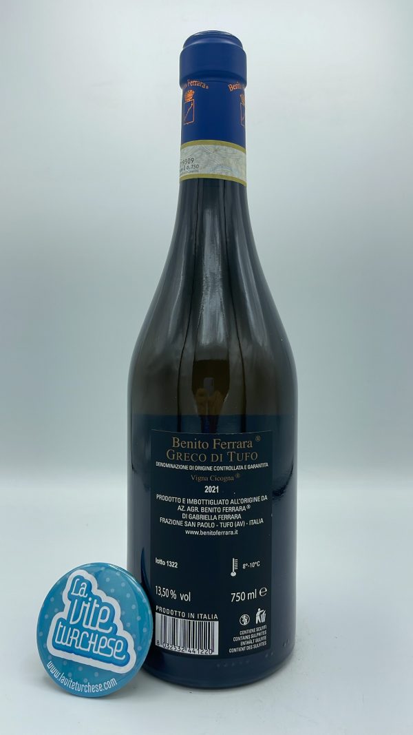 Benito Ferrara – Greco di Tufo Vigna Cicogna – 2021 - back Benito Ferrara - Greco di Tufo Vigna Cicogna produced in Irpinia in Campania, vinified in steel tanks for 7 months.