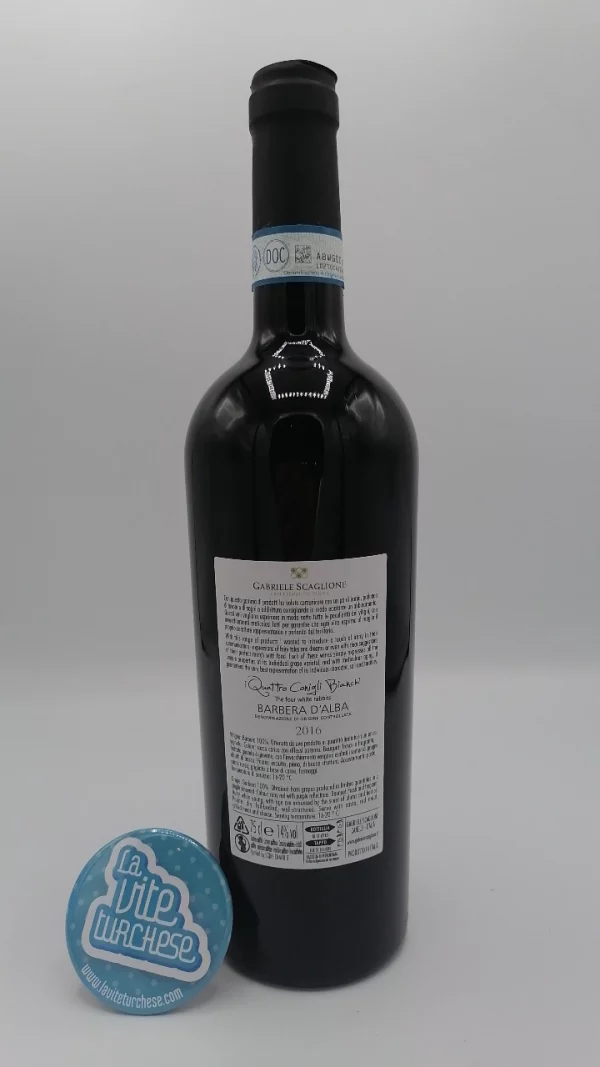 Gabriele Scaglione - Barbera D'Alba 'I Quattro Conigli Bianchi' - 2016 - back Gabriele Scaglione - Barbera D'Alba 'I Quattro Conigli Bianchi' produced in Roero in Canale, aged for 18 months in large barrels.