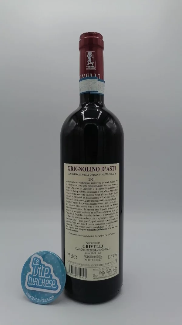 Crivelli – Grignolino d'Asti – 2021 - back Crivelli - Grignolino d'Asti produced in Castagnole Monferrato in Piedmont, vinified only in steel tanks.