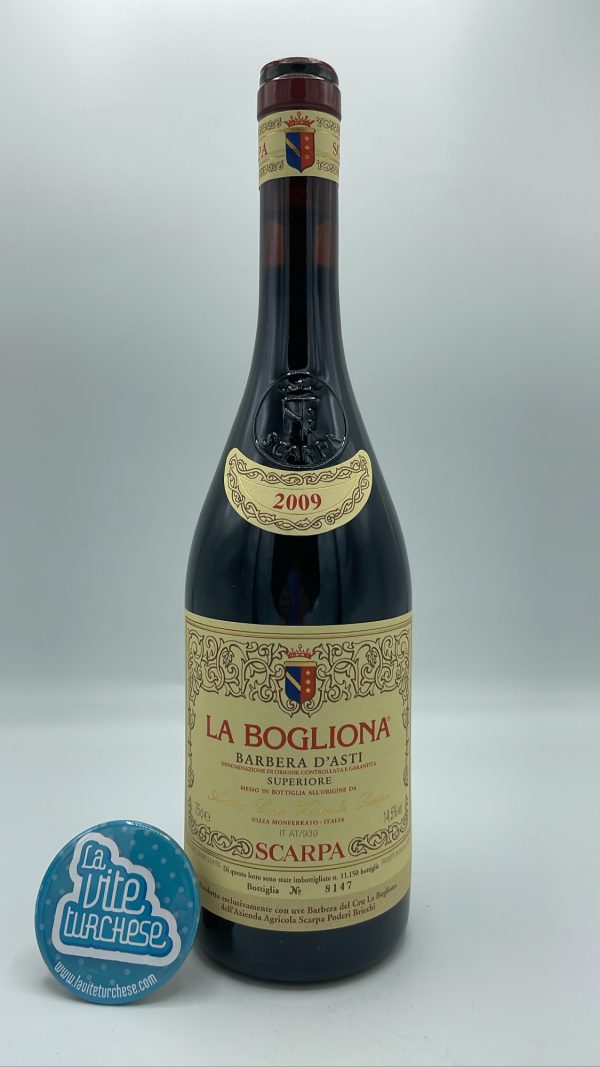 Scarpa – Barbera d'Asti La Bogliona prodotto nell'omonima vigna situata a Nizza Monferrato, ha svolto una vinificazione per 3 anni in rovere.