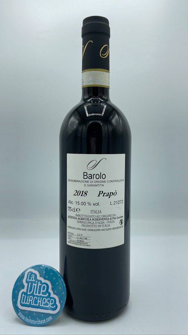 Schiavenza - Barolo Prapò produced in the upper part of Serralunga with tuffaceous limestone soils, aged in oak for 3 years.