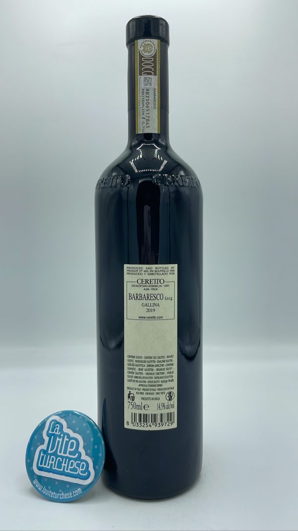 Ceretto – Barbaresco Gallina – 2019 - back Ceretto – Barbaresco Gallina prodotto nell'omonima vigna situata a Neive, con piante di 20 anni, il vino ha svolto l'affinamento per 2 anni in rovere.