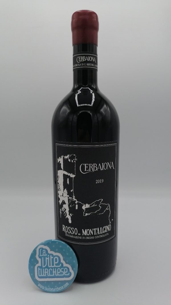 Cerbaiona – Rosso di Montalcino prodotto con uva Sangiovese nelle vigne a 400 metri di altitudine, affinato per 12 mesi in grandi botti di rovere.