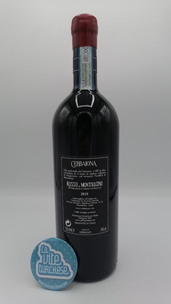 Cerbaiona - Rosso di Montalcino - 2019 - back Cerbaiona - Rosso di Montalcino made from Sangiovese grapes in vineyards at 400 meters above sea level, aged for 12 months in large oak barrels.