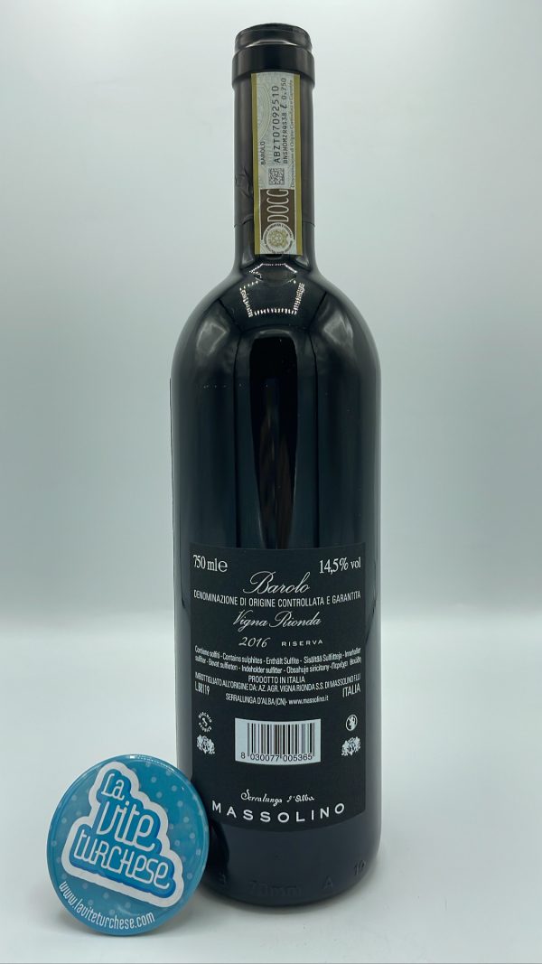 Massolino – Barolo Vigna Rionda Riserva – 2016 - back Massolino - Barolo Vigna Rionda Riserva produced in the best vineyard in Serralunga, famous for giving extremely complex and tannic wines.