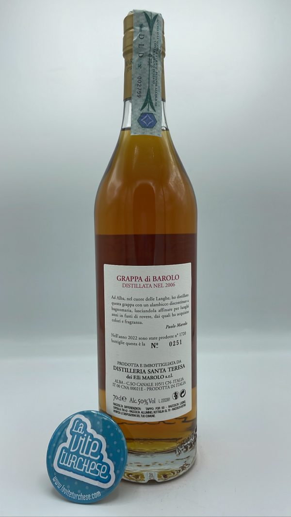 Marolo - Barolo 15-year barrel-aged grappa. Barolo pomace from 2006 vintage, discontinuous bain-marie distillation.