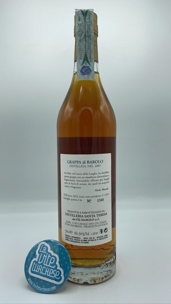 Marolo – Grappa di Barolo 20 anni – 2001 - back Marolo - 20-year-old Barolo grappa aged in small barrels, pomace from the 2001 vintage. Bain-marie discontinuous distillation.