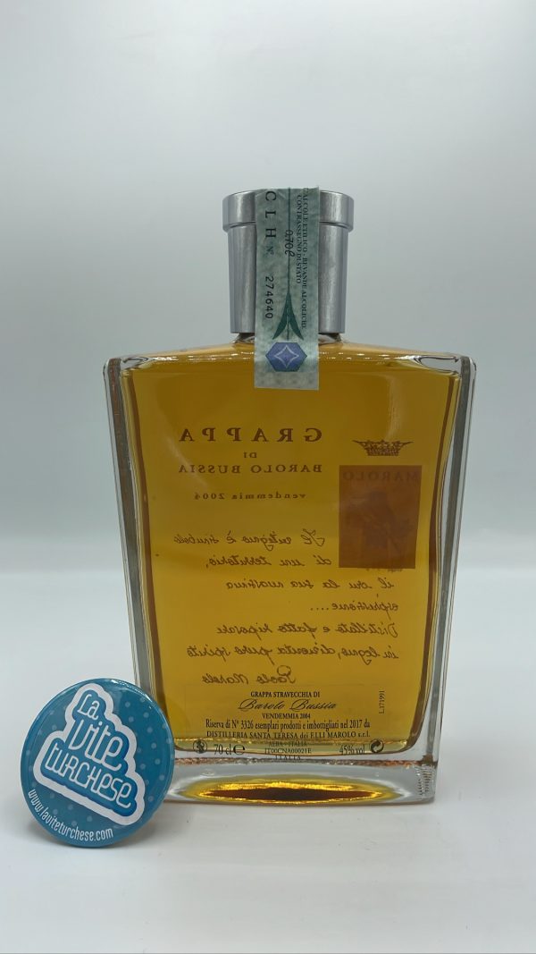 Marolo - Grappa di Barolo Bussia Vendemmia Tardiva 2004, distilled in a bain-marie and aged for 12 years in wooden barrels.