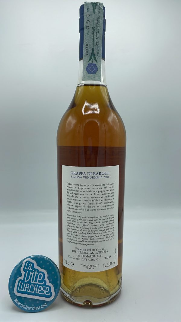 Marolo – Grappa di Barolo Nivis – 2006 - back Marolo - Grappa di Barolo Nivis made from the pomace of the 2006 vintage, barrel-aged and stabilized under snow.
