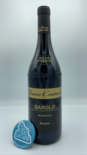 Franco Conterno – Barolo Riserva Bussia prodotto con le piante più vecchie di 60 anni nella medesima parcella situata a Monforte, 6 anni di invecchiamento.