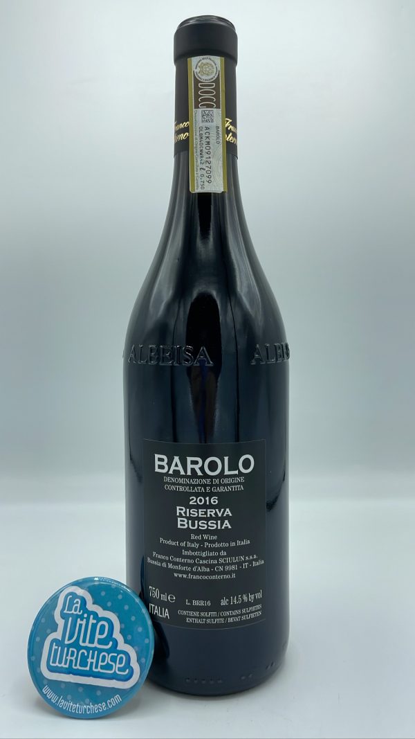 Franco Conterno – Barolo Riserva Bussia – 2016 - back Franco Conterno – Barolo Riserva Bussia prodotto con le piante più vecchie di 60 anni nella medesima parcella situata a Monforte, 6 anni di invecchiamento.