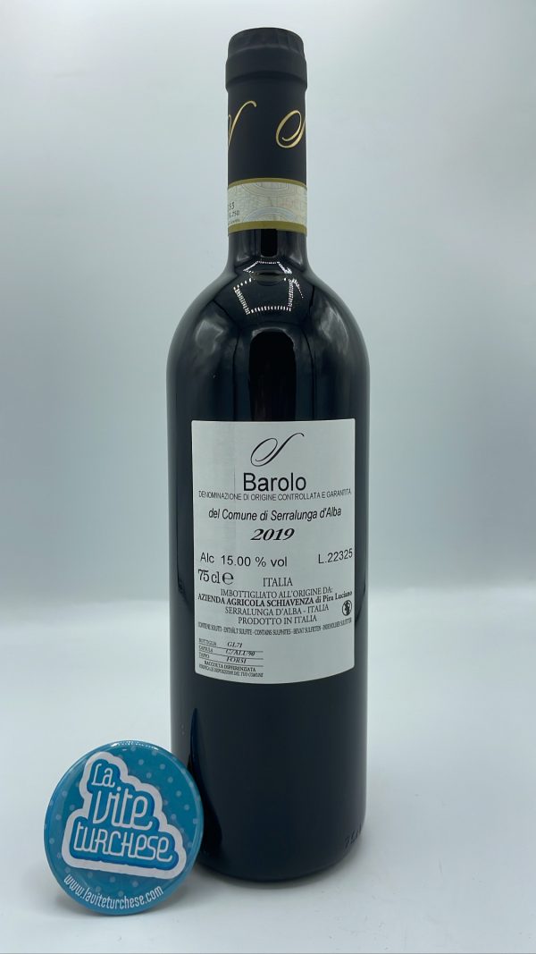 Schiavenza – Barolo del Comune di Serralunga – 2019 - back Schiavenza - Barolo del Comune di Serralunga produced from several vineyards located in Serralunga, with limestone soils. 3 years of barrel aging.