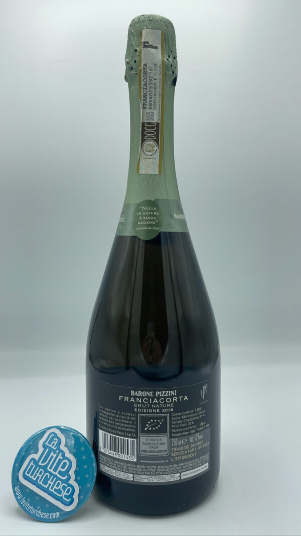 Barone Pizzini - Franciacorta Nature – 2019 - back Barone Pizzini - Franciacorta Nature made with 61% Chardonnay and 39% Pinot Noir, aged for 30 months on the lees. No dosage.