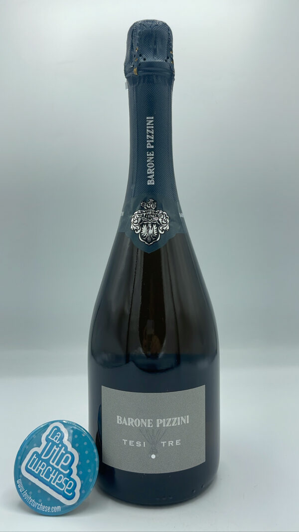 Barone Pizzini – Tesi Tre Extra Brut prodotto in Franciacorta principalmente con l'antico vitigno autoctono Erbamat e Chardonnay e Pinot Nero.