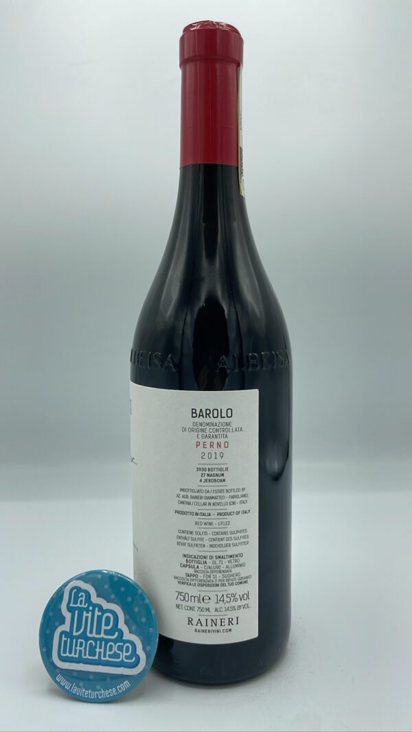 Raineri - Barolo Perno - 2019 - back Raineri - Barolo Perno prodotto nell'omonima vigna situata a Monforte d'Alba, con suoli calcarei argillosi in sole 3000 bottiglie.
