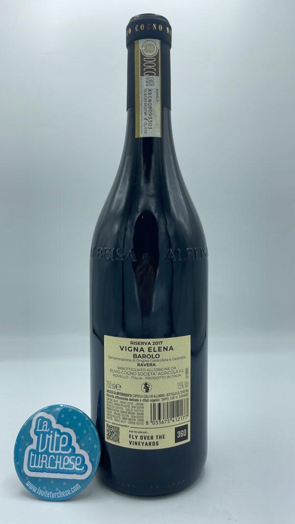 Elvio Cogno – Barolo Riserva Ravera vigna Elena – 2017 - back Elvio Cogno – Barolo Riserva Ravera vigna Elena prodotto nella vigna Ravera di Novello con il clone di nebbiolo Michet, invecchiato per 6 anni in cantina.