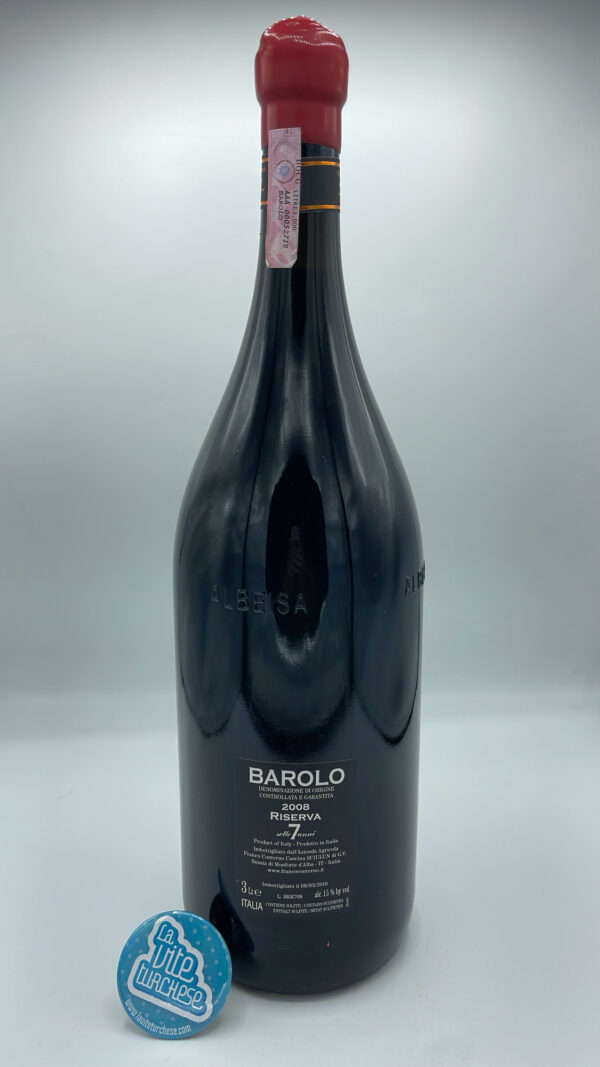 Franco Conterno – Barolo Riserva 7 Anni – 2008 - 3L - back Franco Conterno – Barolo Riserva 7 Anni prodotto solamente nelle migliori annate, la 2008 è in versione 3 litri. Invecchiato per 6 anni in botte e 1 anno in bottiglia.