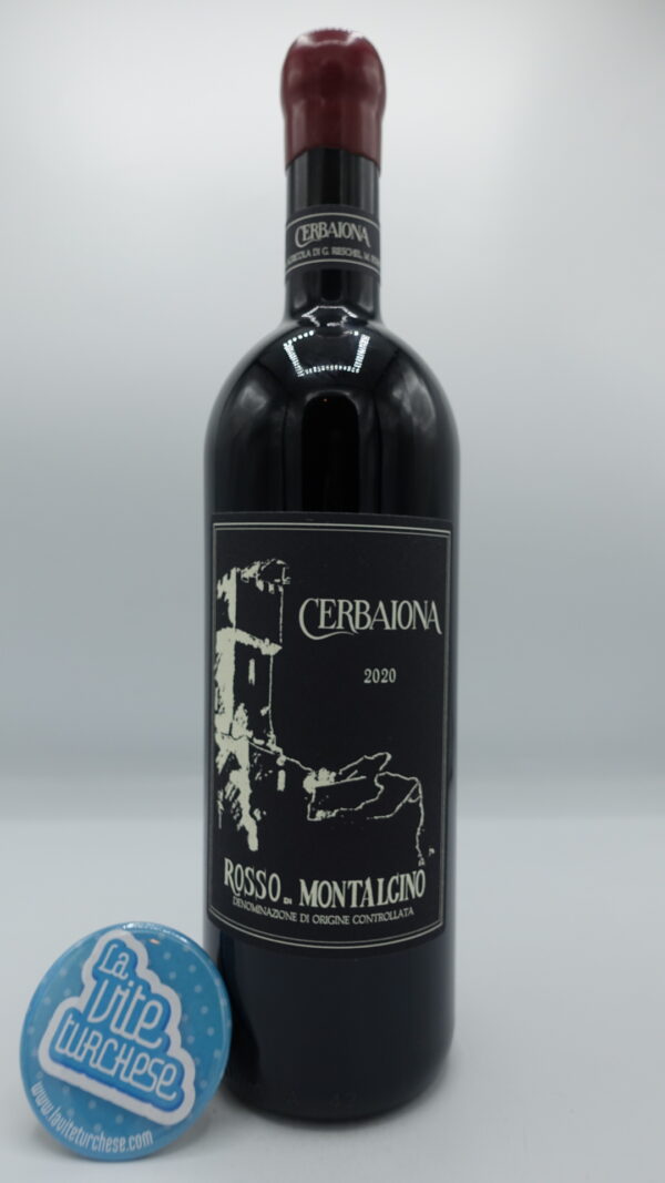 Cerbaiona – Rosso di Montalcino prodotto con uva Sangiovese nelle vigne a 400 metri di altitudine, affinato per 12 mesi in grandi botti di rovere.