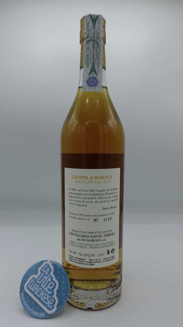 Marolo - Grappa di Barolo 9 anni – 2013 - back Marolo - Barrel-aged 9-year-old Barolo grappa made from 2013 vintage Barolo pomace. Bain-marie distillation.