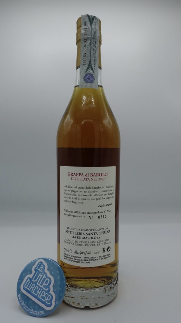 Marolo – Grappa di Barolo 15 anni – 2007 - back Marolo – Grappa di Barolo 15 anni invecchiata in botti. Vinacce di Barolo del vintage 2007, distillazione discontinua a bagnomaria.