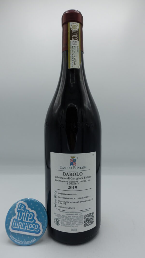 Cascina Fontana – Barolo dal Comune di Castiglione Falletto – 2019 - back Cascina Fontana - Barolo from the commune of Castiglione Falletto produced from the Villero and Mariondino vineyards, vinified in concrete and large barrel.
