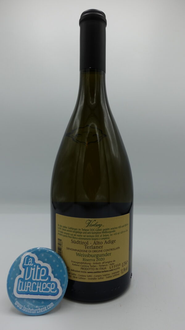 Terlan - Vorberg Riserva Pinot Bianco - 2020 - back Terlan - Vorberg Riserva Pinot Blanc produced in Terlan in South Tyrol, with vines from 450 to 650 meters, aged for 1 year in large barrels.