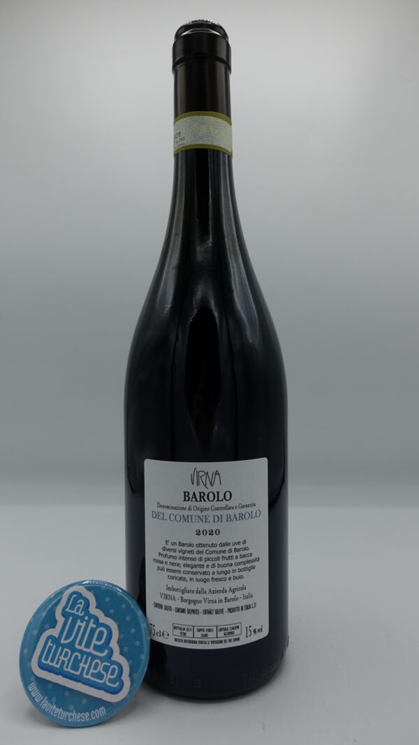 Virna - Barolo del Comune di Barolo - 2020 - back Virna - Barolo del Comune di Barolo prodotto con le vigne Preda, Sarmassa, Cannubi del paesi di Barolo, invecchiato per 18 mesi in botti e in acciaio.