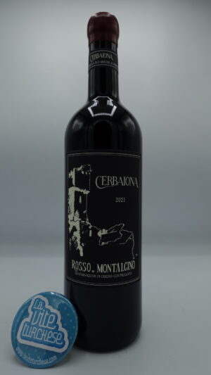 Cerbaiona – Rosso di Montalcino prodotto con uva Sangiovese nelle vigne a 400 metri di altitudine, affinato per 12 mesi in grandi botti di rovere. 5730 bottiglie