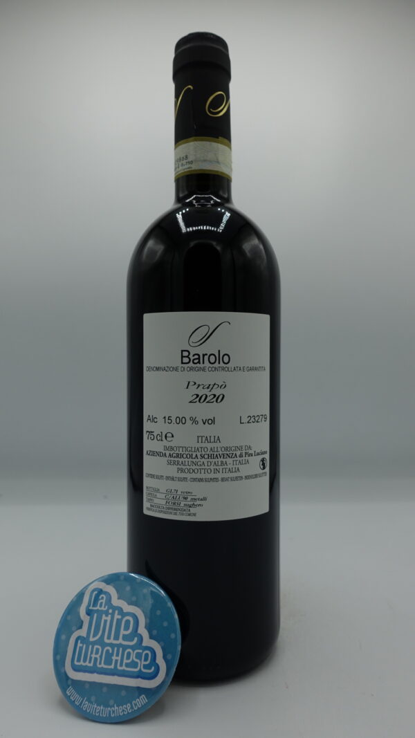 Schiavenza - Barolo Prapò produced in the upper part of Serralunga with tuffaceous limestone soils, aged in oak for 3 years. 1900 bottles.