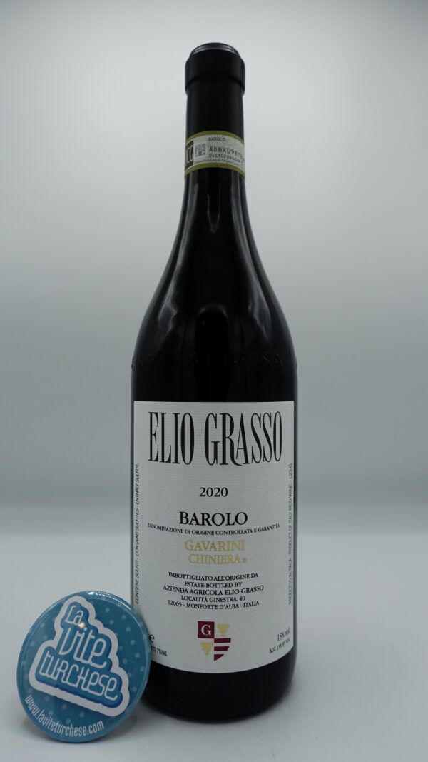 Elio Grasso – Barolo Gavarini Chiniera prodotto nella parte più alta del cru Ginestra a Monforte d'Alba, vinificato per 24/30 mesi in botti da 25 ettolitri.