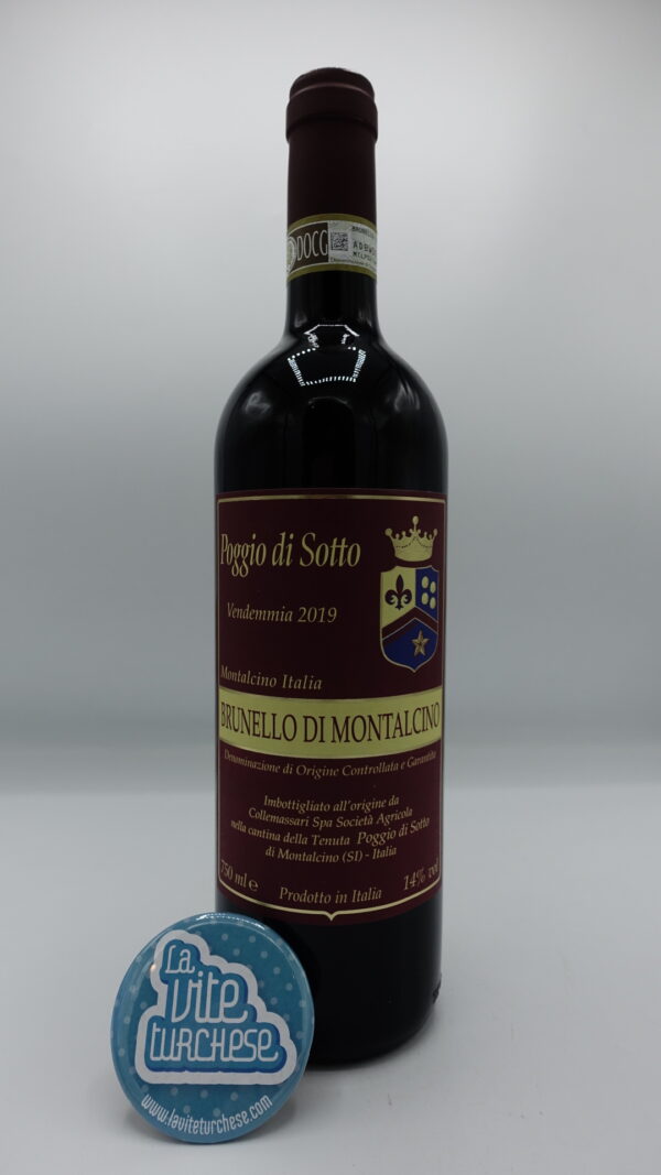 Poggio di Sotto – Brunello di Montalcino prodotto con vigneti di 30 anni situate a sud est di Montalcino, invecchiato per 36 mesi in botti da 3000 litri.