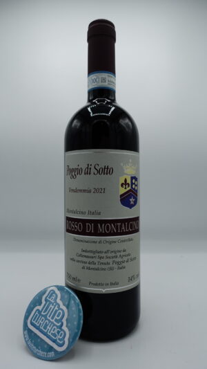 Poggio di Sotto – Rosso di Montalcino prodotto con piante di 30 anni, vinificato in botti di legno e affinato in botti grandi di rovere per 24 mesi.