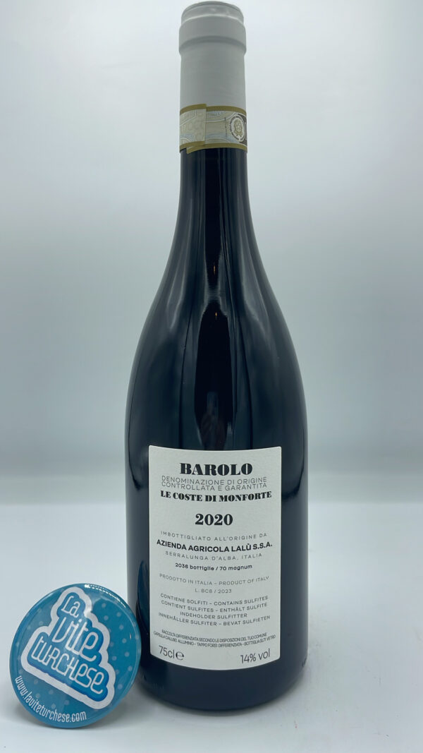 Lalu' - Barolo Le Coste di Monforte prodotto per la prima volta nel 2019 nell'omonima vigna situata nella parte più bassa di Monforte. 2036 bottiglie.