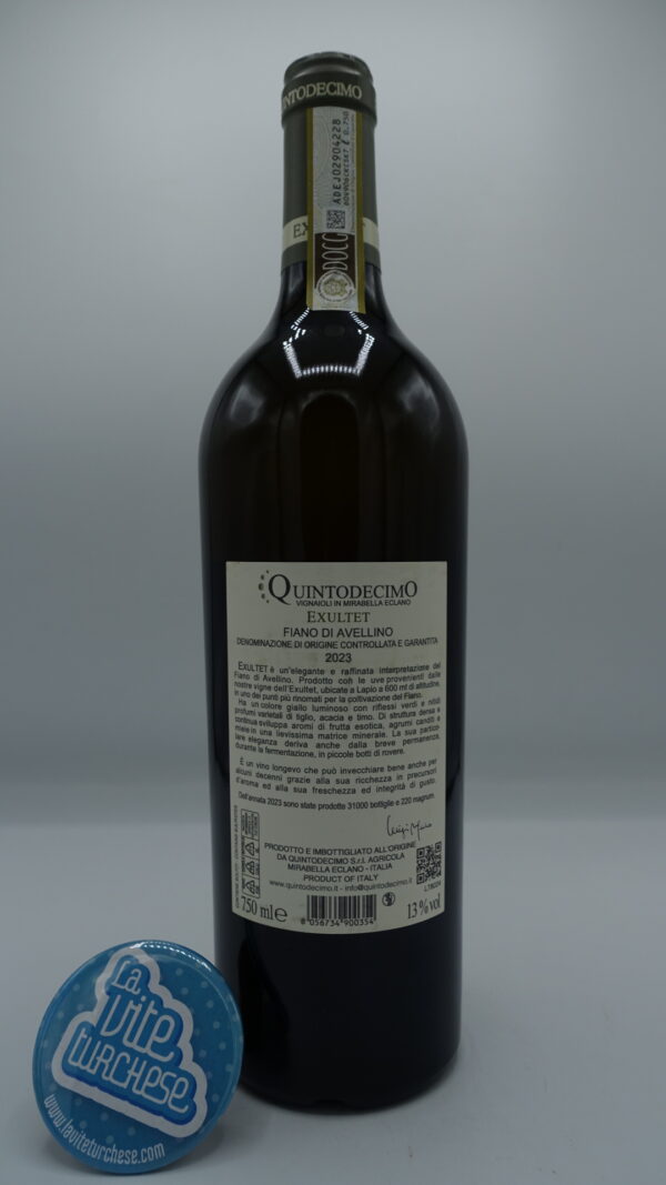 Quintodecimo – Exultet Fiano di Avellino prodotto nella medesima vigna singola con uva Fiano, vinificato per 30% in barrique. 31000 bottiglie prodotte.