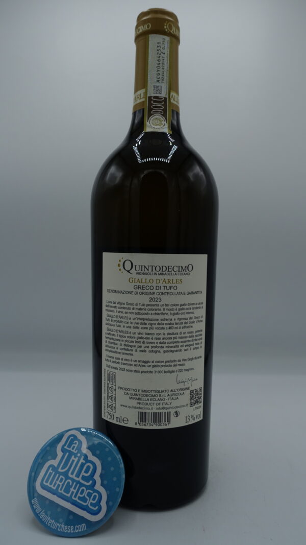 Quintodecimo – Giallo d'Arles Greco di Tufo – 2023 (1) Quintodecimo – Giallo d'Arles Greco di Tufo prodotto nella medesima vigna situata a Tufo, dedicato a Van Gogh per il colore intenso di questa uva.