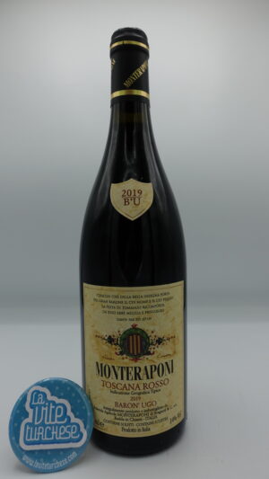Monteraponi – Baron'Ugo Toscana Rosso Igt prodotto a Radda in Chianti con uva Sangiovese, Canaiolo e Colorino, invecchiato per 36 mesi in botti grandi.
