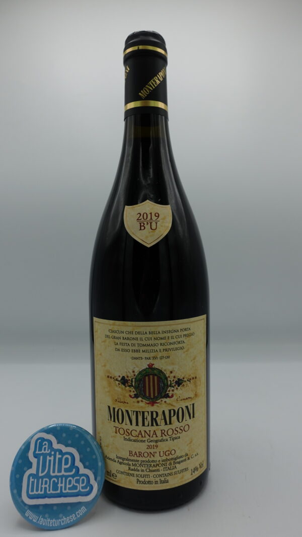 Monteraponi - Baron'Ugo Toscana Rosso Igt produced in Radda in Chianti from Sangiovese, Canaiolo and Colorino grapes, aged for 36 months in large barrels.