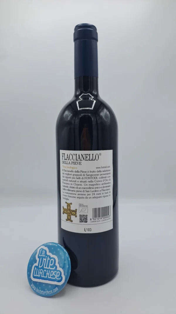Fontodi – Flaccianello della Pieve Igt – 2020 - back Fontodi – Flaccianello della Pieve Igt prodotto con sole uve Sangiovese a Panzano in Chianti, affinato per 24 mesi in botte di legno.