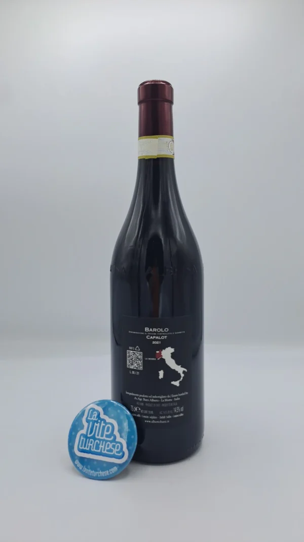 Burzi Alberto – Barolo Capalot Vecchie Viti – 2021 - back Burzi Alberto - Barolo Capalot Vecchie Viti produced in the vineyard of the same name in La Morra with 80-year-old plants, vinified for 24 mei in large wooden barrels.