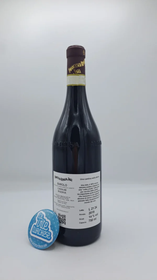 Francesco Rinaldi e Figli – Barolo Cannubi Riserva - 2019 - back Francesco Rinaldi e Figli – Barolo Cannubi Riserva prodotto solamente nelle migliori annate nella vigna più prestigiosa di Barolo. Produzione 1000 bottiglie