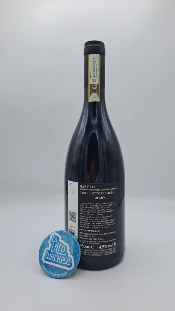 Josetta Saffirio - Barolo Persiera Castelletto- 2020 - back Josetta Saffirio - Barolo Persiera Castelletto prodotto nell'omonima vigna situata a Monforte d'Alba, invecchiato per 2 anni in botti e cemento.