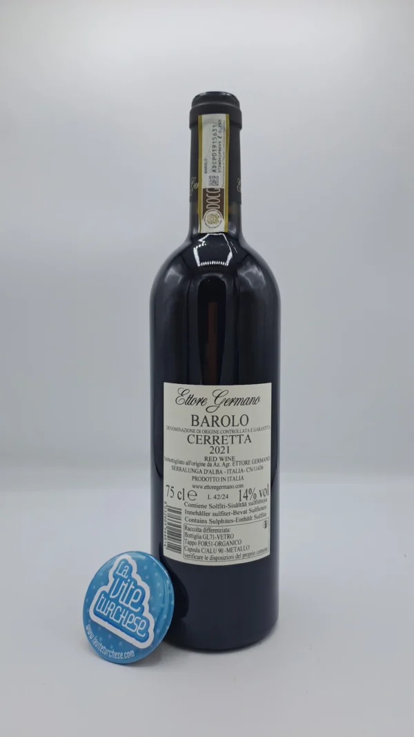 Ettore Germano – Barolo Cerretta prodotto nell'omonima vigna a Serralunga con piante di 50 anni, vinificato per 24 mesi in botti.