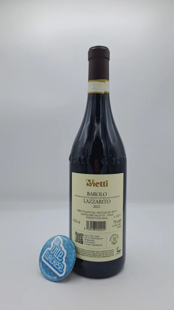 Vietti – Barolo Lazzarito – 2021 - back Vietti – Barolo Lazzarito prodotto nell'omonima vigna situata a Serralunga d'Alba, invecchiato per 30 mesi in botti grandi e piccole. Vino tannico.
