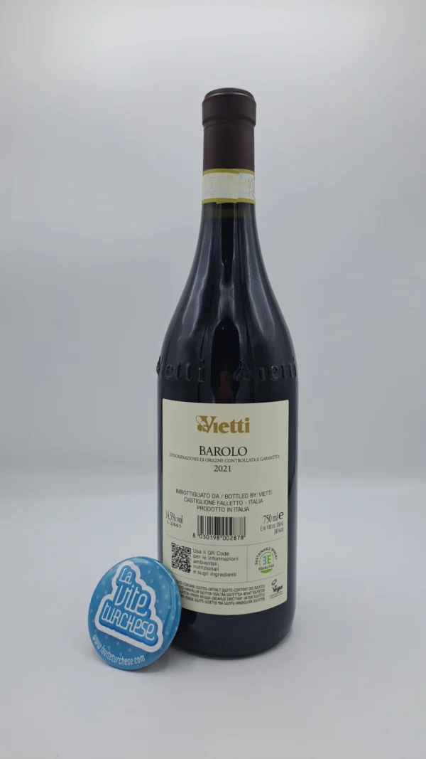 Vietti – Barolo – 2021 - back Vietti – Barolo prodotto dalle migliori vigne situate tra Castiglione Falletto, Monforte, Barolo e Novello. Invecchiato per 30 mesi.