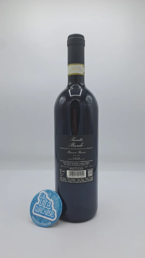 Prunotto – Barolo Riserva Bussia Vigna Colonnello – 2019 - back Prunotto – Barolo Riserva Bussia Vigna Colonnello prodotto nella parcella più storica della Bussia Soprana a Monforte d'Alba. 6074 bottiglie.