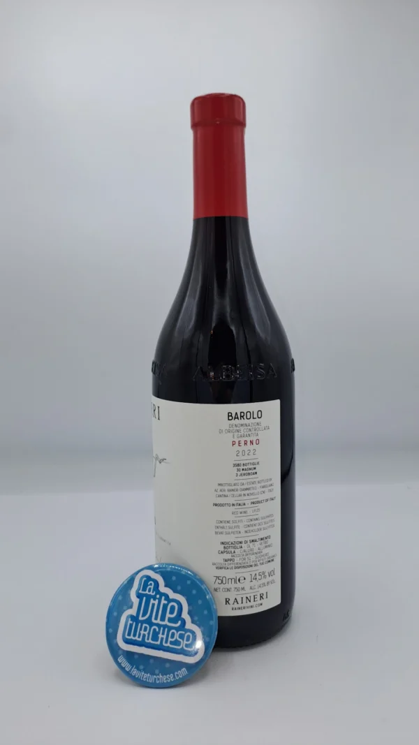Raineri - Barolo Perno - 2022 - back Raineri - Barolo Perno produced in the vineyard of the same name located in Monforte d'Alba, with calcareous clay soils in only 3580 bottles.