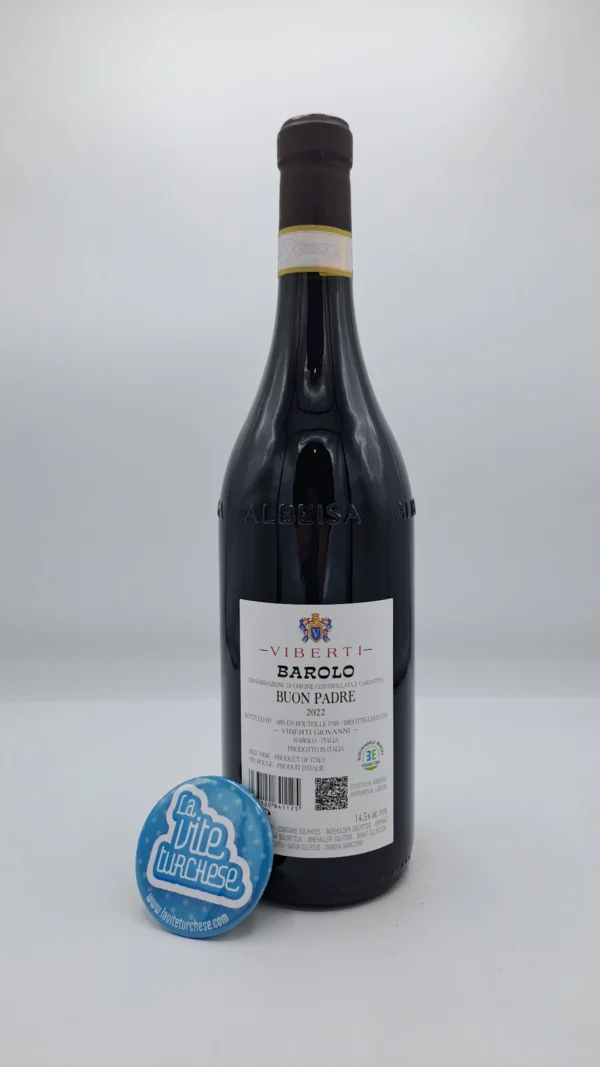 Giovanni Viberti – Barolo Buon Padre – 2022 - back Giovanni Viberti – Barolo Buon Padre prodotto con diverse vigne situate tra Barolo, Monforte, Verduno, stile tradizionale. Cantina storica di Barolo.